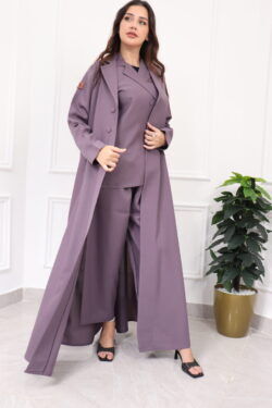 عباية ثلاث قطع موف طقم قماش كريب واقف