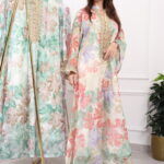 ⁦جلابية مشجره برتقالي بتطريز ذهبي⁩ - الصورة ⁦5⁩