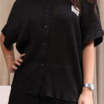 ⁦طقم كاجوال أسود تتكون من قطعتين بأكمام قصيرة وبنطلون طويل⁩ - الصورة ⁦4⁩