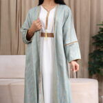 ⁦جلابية جاكار مشجره تيفاني بطبقة داخلية و شريط فصوص⁩ - الصورة ⁦2⁩