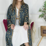 جلابيه اخضر جاكار مشجره بتصميم طبقتين وشريط فصوص