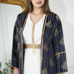 جلابية جاكار مشجره كحلي بطبقة داخلية و شريط فصوص