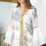 جلابية مشجرة باكمام كلوش لون كحلي مع شريط شك