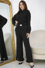 ⁦طقم كاجوال أسود تتكون من قطعتين بأكمام طويلة وبنطلون طويل⁩ - الصورة ⁦3⁩