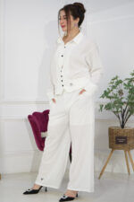 ⁦طقم كاجوال أبيض تتكون من قطعتين بأكمام طويلة وبنطلون طويل⁩ - الصورة ⁦4⁩