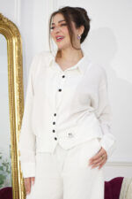 طقم كاجوال أبيض تتكون من قطعتين بأكمام طويلة وبنطلون طويل