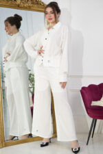 ⁦طقم كاجوال أبيض تتكون من قطعتين بأكمام طويلة وبنطلون طويل⁩ - الصورة ⁦3⁩