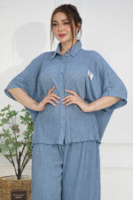 ⁦طقم كاجوال سماوي تتكون من قطعتين بأكمام قصيرة وبنطلون طويل⁩ - الصورة ⁦5⁩