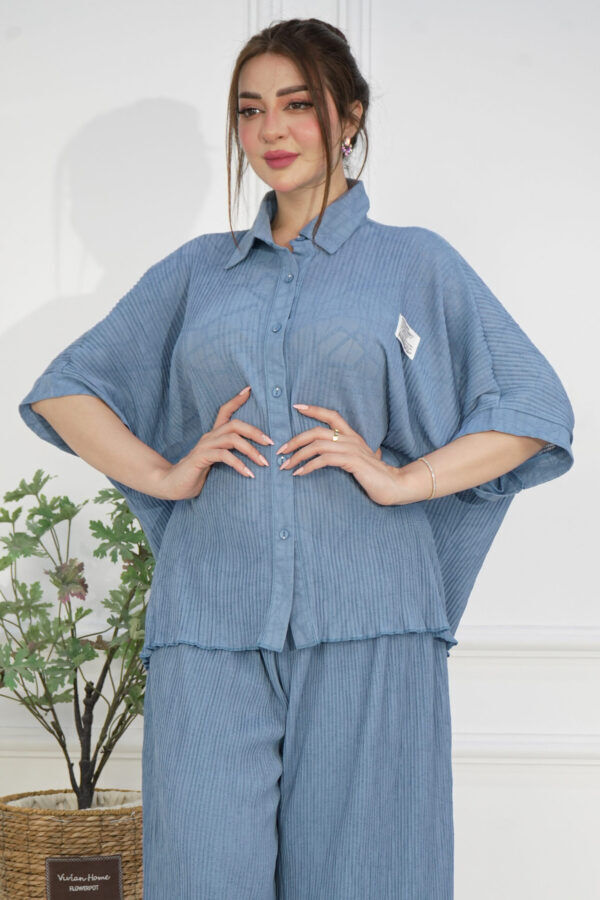 ⁦طقم كاجوال سماوي تتكون من قطعتين بأكمام قصيرة وبنطلون طويل⁩ - الصورة ⁦5⁩