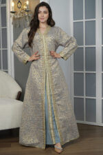 ⁦جلابيه تركواز مفتوح بطبقه داخليه مع شريط ذهبي⁩ - الصورة ⁦2⁩