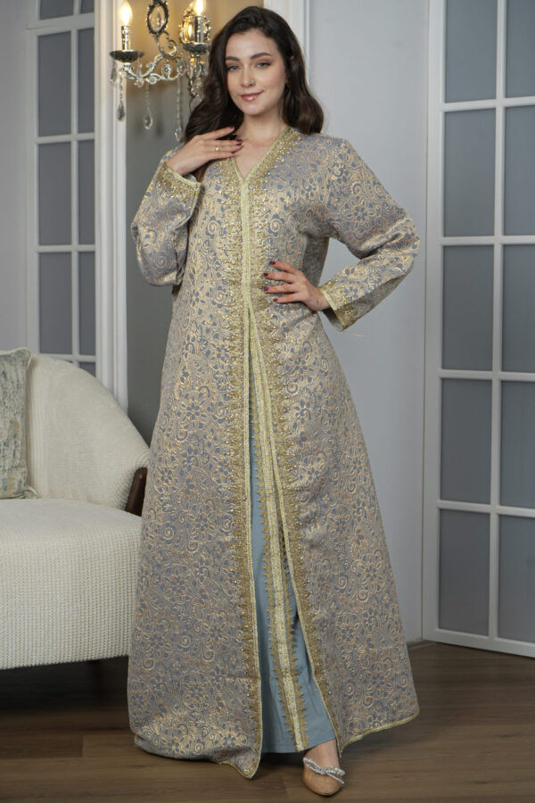 ⁦جلابيه تركواز مفتوح بطبقه داخليه مع شريط ذهبي⁩ - الصورة ⁦6⁩