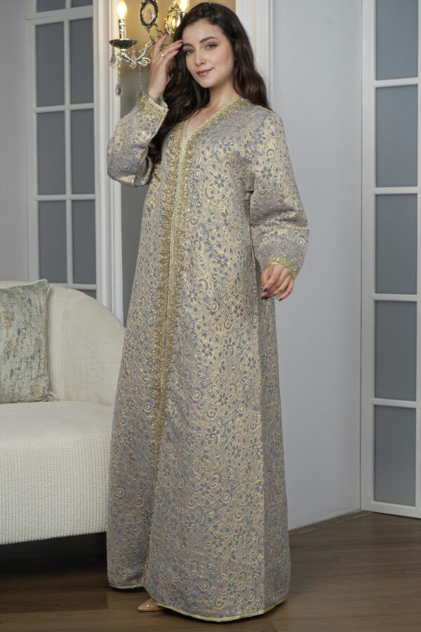 ⁦جلابيه تركواز مفتوح بطبقه داخليه مع شريط ذهبي⁩ - الصورة ⁦7⁩