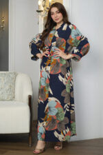 ⁦جلابيه كحلي قطن بلياقه مرسوم على شكل ورق شجر (3)⁩ - الصورة ⁦2⁩