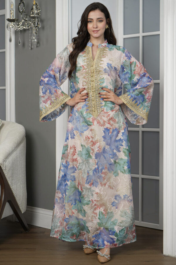 ⁦جلابية مشجره ازرق بتطريز ذهبي⁩ - الصورة ⁦2⁩