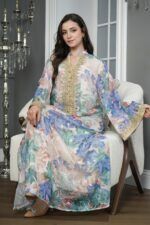 ⁦جلابية مشجره ازرق بتطريز ذهبي⁩ - الصورة ⁦5⁩