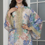 جلابية مشجره ازرق بتطريز ذهبي