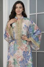 جلابية مشجره ازرق بتطريز ذهبي