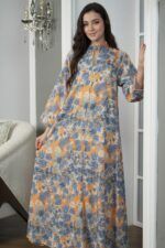 جلابيه ازرق قطن بلياقه مشجره بورود زهريه (4)