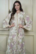 ⁦جلابيه موف حرير و شريط شك بخيوط ذهبي من امام⁩ - الصورة ⁦4⁩