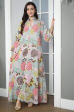 ⁦جلابيه سماوي قطن بلياقه مشجره بورود ملون (٥)⁩ - الصورة ⁦2⁩