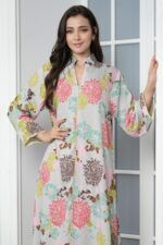 ⁦جلابيه سماوي قطن بلياقه مشجره بورود ملون (٥)⁩ - الصورة ⁦6⁩