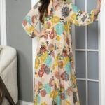 ⁦جلابيه بيج بلياقه مشجره بورود ملون (٥)⁩ - الصورة ⁦3⁩