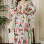 ⁦جلابيه تيفاني حرير مورده و شريط ذهبي من امام⁩ - الصورة ⁦2⁩