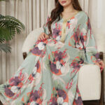 ⁦جلابيه تيفاني حرير مورده و شريط ذهبي من امام⁩ - الصورة ⁦6⁩