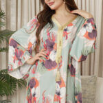 جلابيه تيفاني حرير مورده و شريط ذهبي من امام