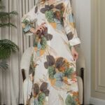 جلابيه بيج بلياقه مرسوم على شكل ورق شجر (3)