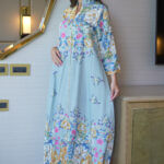 جلابيه سماوي بلياقه مشجره كامل بورود مرسومه (7)