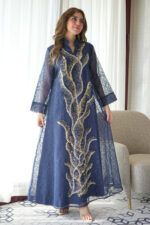 جلابيه كحلي خليجيه بلياقه بشك ترتر و فصوص ذهبي