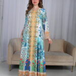 ⁦جلابية سماوي حرير بالوان مشجره و فصوص⁩ - الصورة ⁦9⁩