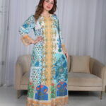 جلابية سماوي حرير بالوان مشجره و فصوص