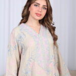 ⁦جلابية بيج مطرزة بوردي و رصاصي بدقاق مخفية⁩ - الصورة ⁦4⁩