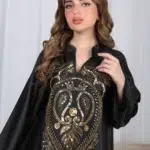 ⁦جلابية أسود وترتر ذهبي خليجيه بياقة و شك⁩ - الصورة ⁦4⁩